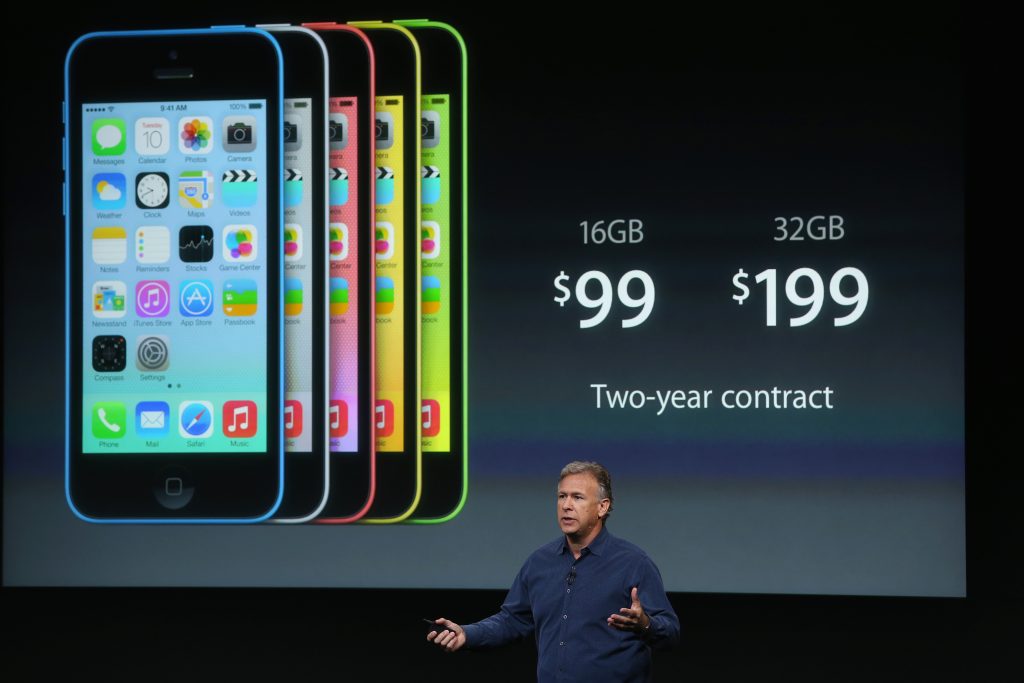 CUPERTINO, CA - SEPTEMBER 10:  Apple Senior Vice President of Worldwide Marketing at Phil Schiller speaks about the new iPhone 5C during an Apple product announcement at the Apple campus on September 10, 2013 in Cupertino, California. The company launched the new iPhone 5C model that will run iOS 7  is made from hard-coated polycarbonate and comes in various colors.  (Photo by Justin Sullivan/Getty Images)